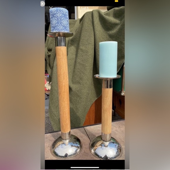 Medium Pottery Barn Wood and Hammered Steel Pillar Candleholder ~ 14” Tall - Picture 1 of 11